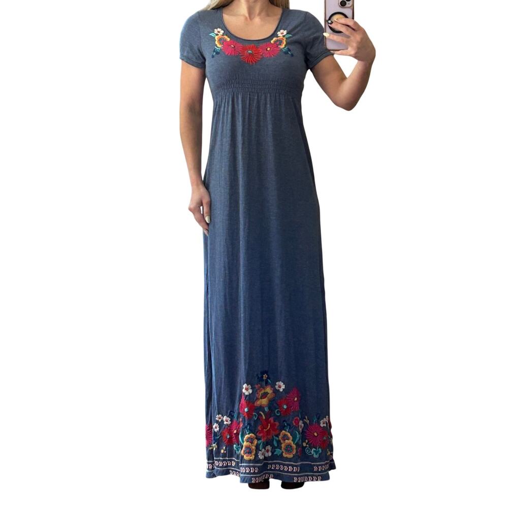 JW Los Angeles Johnny Was Embroidered Smocked Empire Waist Maxi Dress XS Boho